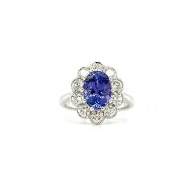 14ct White Gold Diamond & Oval Cut 1.20ct Tanzanite Cluster Ring