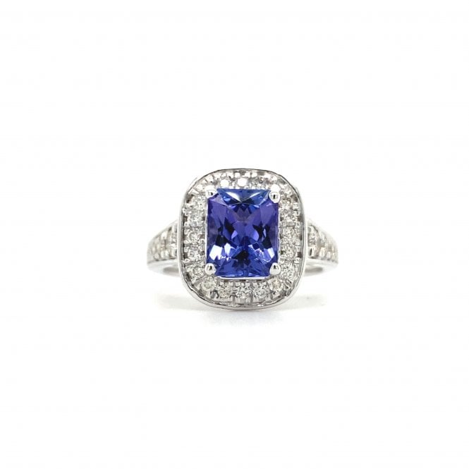 14ct White Gold Emerald Cut 2.66ct Tanzanite & 0.60ct Diamond Cluster Halo Ring