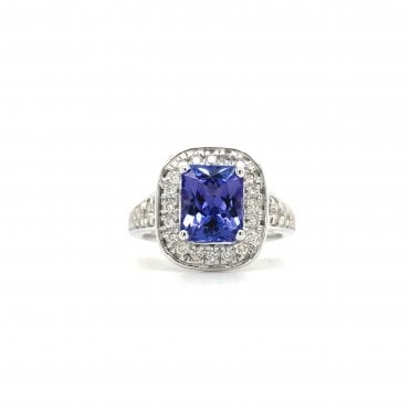 14ct White Gold Emerald Cut 2.66ct Tanzanite & 0.60ct Diamond Cluster Halo Ring
