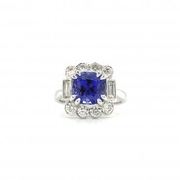 14ct White Gold Mixed Cut 1.23ct Diamond & Cushion Cut 3.39ct Tanzanite Cluster Ring