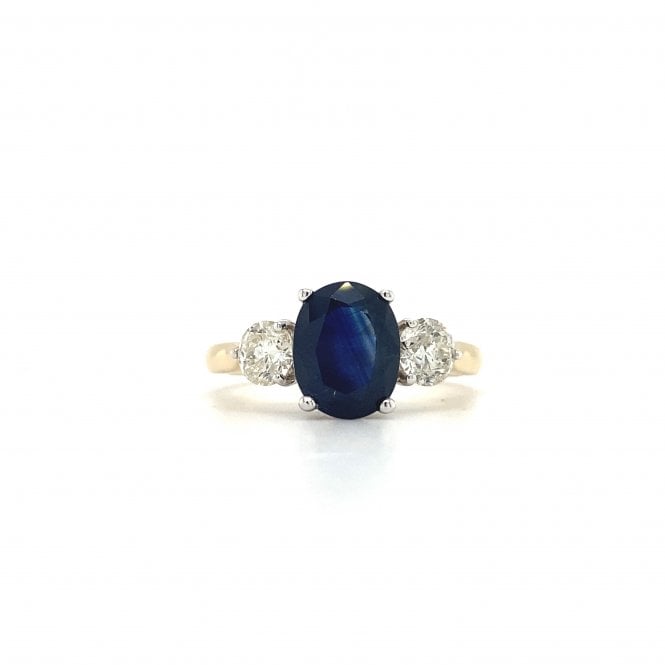 14ct Yellow Gold Oval Cut 2.41ct Sapphire & 0.08ct Diamond 3 Stone Ring