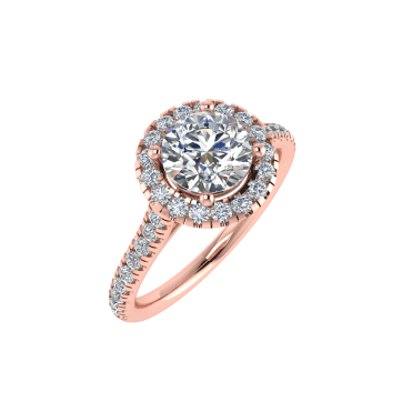 18ct Rose Gold Brilliant Cut Lab Diamond Halo Solitaire Ring With Diamond Set Shoulders
