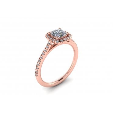 18ct Rose Gold Cushion Cut Lab Diamond Halo Solitaire Ring With Diamond Set Shoulders