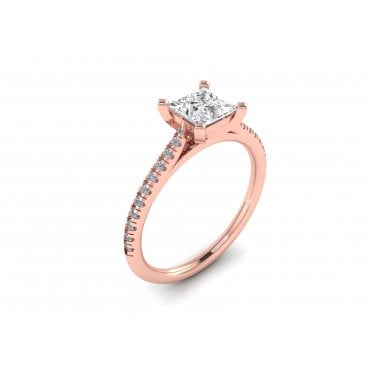 18ct Rose Gold Cushion Cut Lab Diamond Solitaire Ring With Diamond Set Shoulders