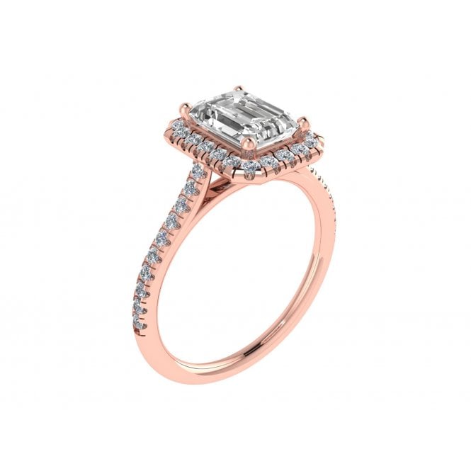 18ct Rose Gold Emerald Cut Lab Diamond Halo Solitaire Ring with Diamond Set Shoulders