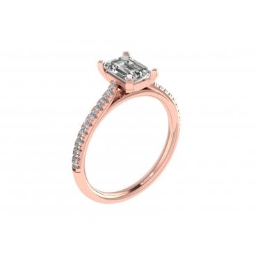 18ct Rose Gold Emerald Cut Lab Diamond Solitaire Ring With Diamond Set Shoulders
