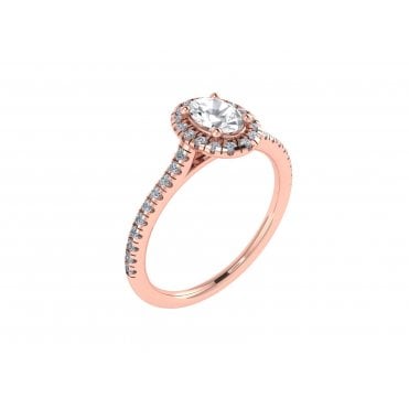 18ct Rose Gold Oval Cut Lab Diamond Halo Solitaire Ring With Diamond Set Shoulders
