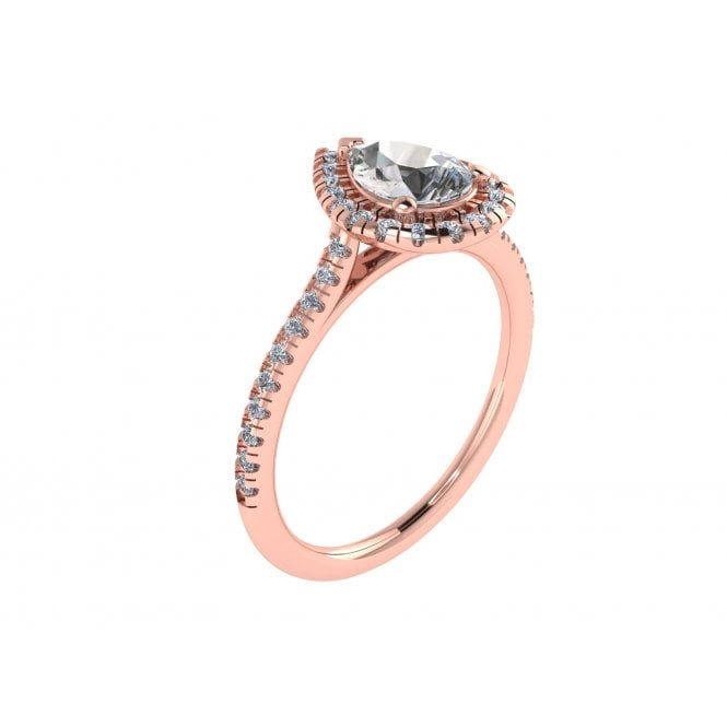 18ct Rose Gold Pear Cut Lab Diamond Halo Solitaire Ring with Diamond Set Shoulders