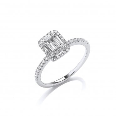 18ct White Gold 0.50ct Baguette & Brilliant Cut Diamonds Rectangle Halo Ring