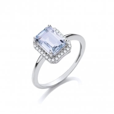 18ct White Gold 2.00ct Emerald Cut Aqumarine & 0.10ct Diamond Halo Ring