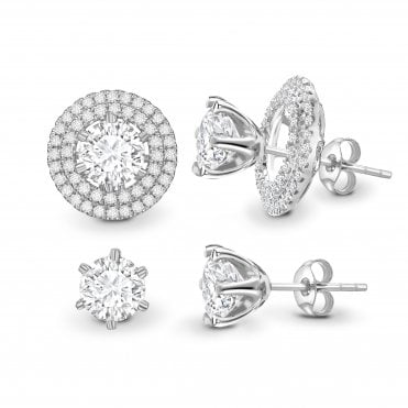18ct White Gold 6 Claw Diamond Solitaire Earrings With Removable Double Diamond Set Halo Jacket - 0.50ct Diamonds
