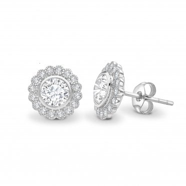 18ct White Gold Bezel Set Diamond Flower Stud Earrings - 0.32ct Diamonds