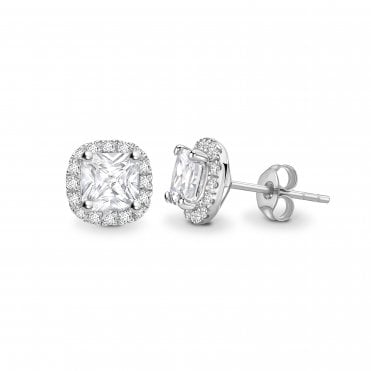 18ct White Gold Cushion Cut Diamond Halo Stud Earrings - 0.70ct Diamonds