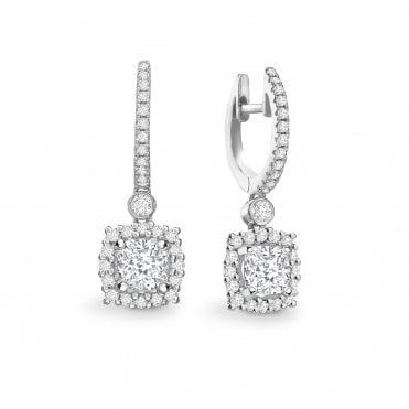 18ct White Gold Cushion Cut Diamond Set Halo Huggie Hoop Earrings - 1.00ct Diamonds