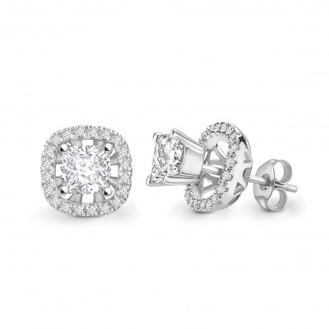 18ct White Gold Cushion Cut Diamond Solitaire Earrings With Removable Diamond Set Halo Jacket - 1.00ct Diamonds