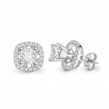 18ct White Gold Cushion Cut Diamond Solitaire Earrings With Removable Diamond Set Halo Jacket - 1.00ct Diamonds