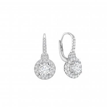 18ct White Gold Diamond Brilliant Cut Fancy Halo Drop Pave Set Huggie Earrings - 0.50ct Diamonds