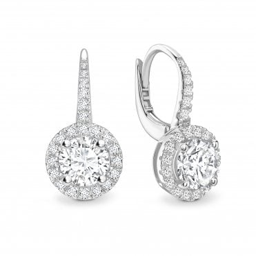 18ct White Gold Diamond Brilliant Cut Halo Drop Pave Set Huggie Earrings - 0.50ct Diamonds