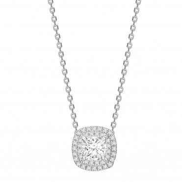 18ct White Gold Diamond Cushion Cut Double Halo Pendant 0.35ct Diamond