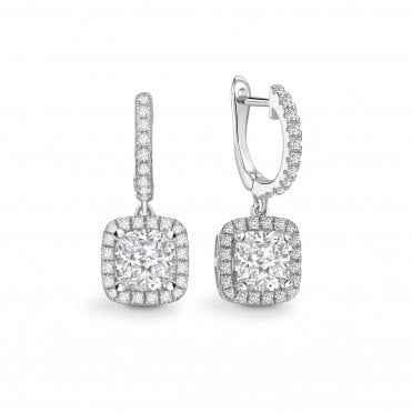18ct White Gold Diamond Cushion Cut Halo Dangle Huggie Hoop Earrings - 1.00ct Diamonds