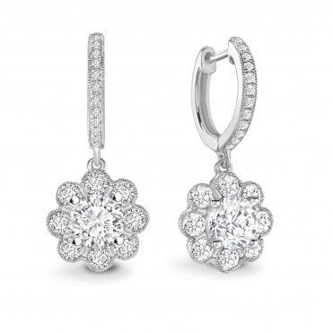 18ct White Gold Diamond Fancy Flower Dangle Huggie Hoop Earrings - 0.50ct Diamonds