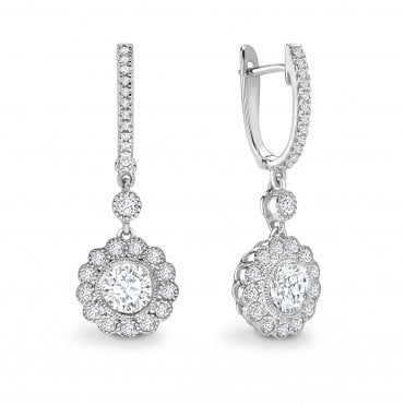 18ct White Gold Diamond Fancy Flower Drop Huggie Hoop Earrings - 0.50ct Diamonds