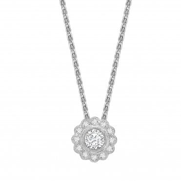 18ct White Gold Diamond Grain Set Flower Pendant - 0.17ct Diamond