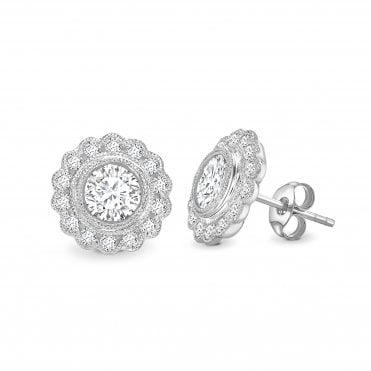18ct White Gold Diamond Grainset Fancy Flower Stud Earrings - 0.28ct Diamonds