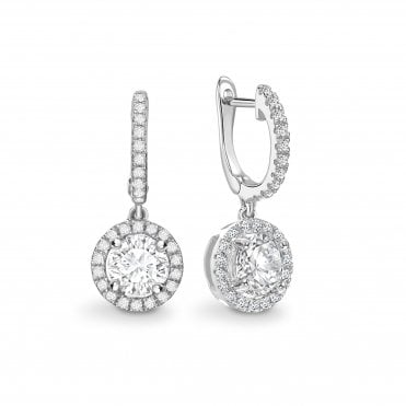 18ct White Gold Diamond Halo Drop Huggie Hoop Stud Earrings - 0.70ct Diamonds