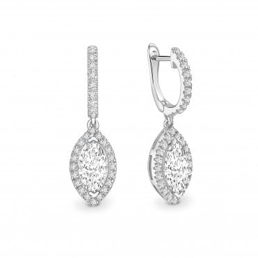 18ct White Gold Diamond Marquise Cut Halo Drop Huggie Hoop Earrings - 0.70ct Diamonds