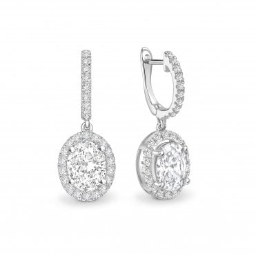 18ct White Gold Diamond Oval Cut Halo Dangle Huggie Hoop Earrings - 1.50ct Diamonds