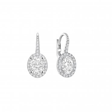 18ct White Gold Diamond Oval Cut Halo Drop Pave Set Huggie Earrings - 1.50ct Diamonds