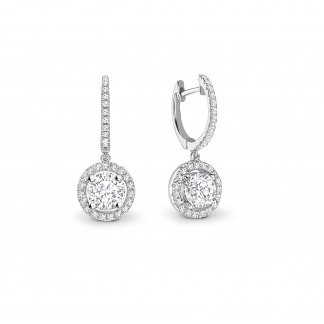 18ct White Gold Diamond Pave Set Halo Drop Huggie Earrings - 0.50ct Diamonds