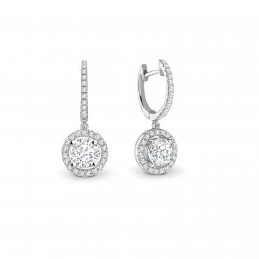18ct White Gold Diamond Pave Set Halo Drop Huggie Earrings - 0.50ct Diamonds