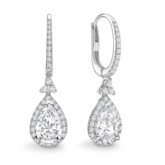 18ct White Gold Diamond Pear Cut Halo Huggie Hoop Drop Earrings - 1.00ct Diamonds