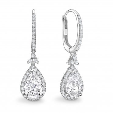 18ct White Gold Diamond Pear Cut Halo Huggie Hoop Drop Earrings - 1.50ct Diamonds