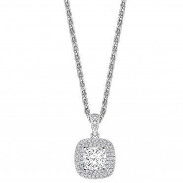18ct White Gold Diamond Princess Cut Double Halo Drop Pendant - 0.50ct Diamond