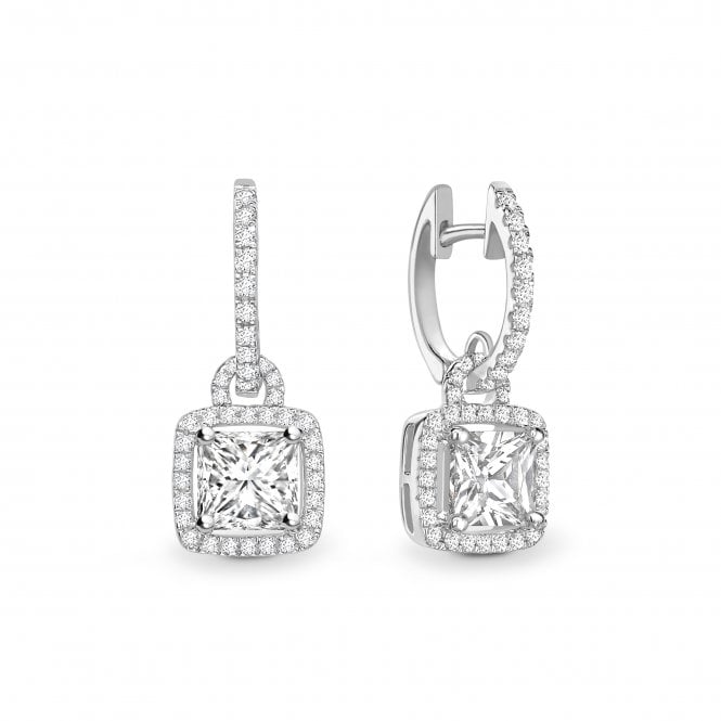 18ct White Gold Diamond Princess Cut Fancy Halo Dangle Huggie Hoop Earrings - 1.50ct Diamonds