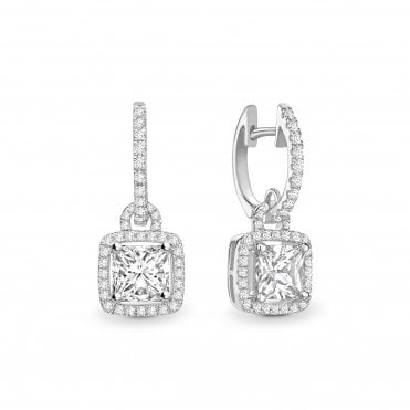 18ct White Gold Diamond Princess Cut Fancy Halo Dangle Huggie Hoop Earrings - 1.50ct Diamonds