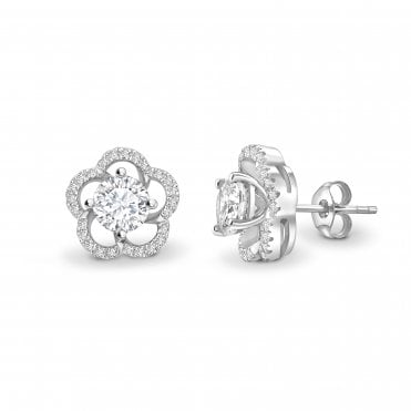 18ct White Gold Diamond Set Flower Stud Earrings - 0.50ct Diamonds