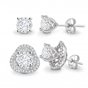 18ct White Gold Diamond Solitaire Earrings With Removable Fancy Diamond Twist Halo Jacket - 1.00ct Diamonds