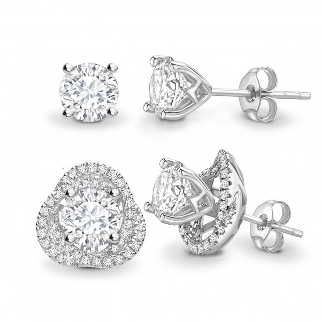 18ct White Gold Diamond Solitaire Earrings With Removable Fancy Double Twist Halo Jacket - 0.50ct Diamonds