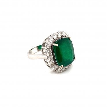 18ct White Gold Emerald Cut Emerald & Diamond Cluster Ring 1.98ct