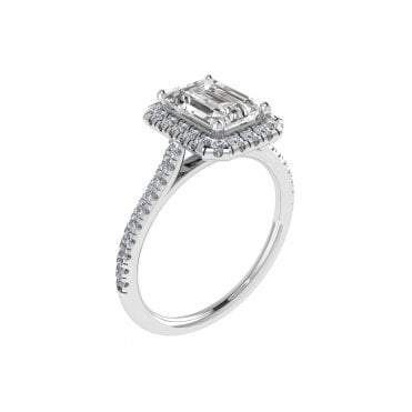 18ct White Gold Emerald Cut Lab Diamond Halo Solitaire Ring With Diamond Set Shoulders