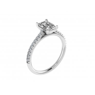 18ct White Gold Emerald Cut Lab Diamond Solitaire Ring With Diamond Set Shoulders