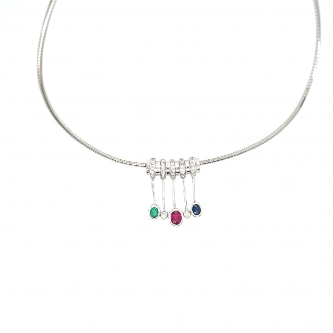 18ct White Gold Fancy Gemset & Diamond Drop Necklace - 16"