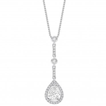 18ct White Gold Fancy Pear Cut Diamond Halo Dangle Pendant - 0.75ct Diamond