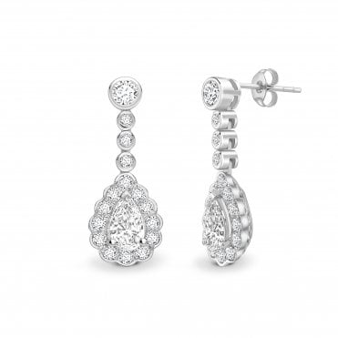 18ct White Gold Fancy Pear Cut Diamond Halo Drop Dangle Stud Earrings - 1.50ct