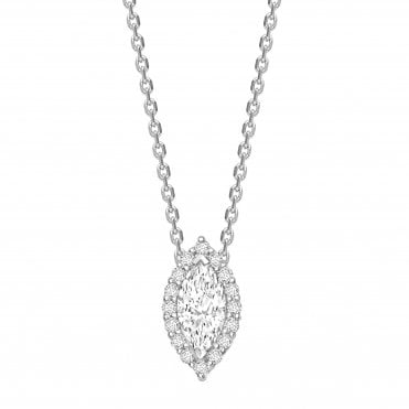 18ct White Gold Marquise Cut Diamond Halo Pendant - 0.75ct Diamond