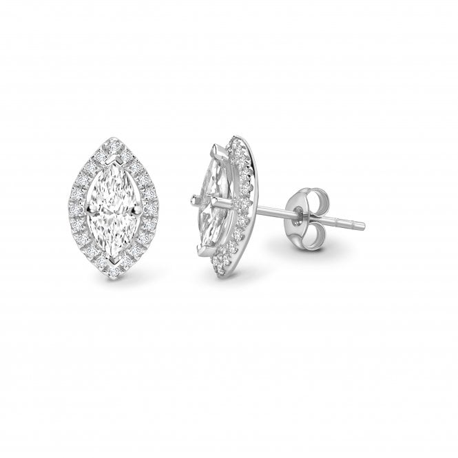 18ct White Gold Marquise Cut Diamond Halo Stud Earrings - 1.00ct Diamonds